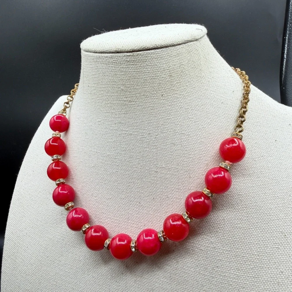 Red Bead Statement Necklace Gold Tone Chain Rhinestone Spacers Chunky Jewelry